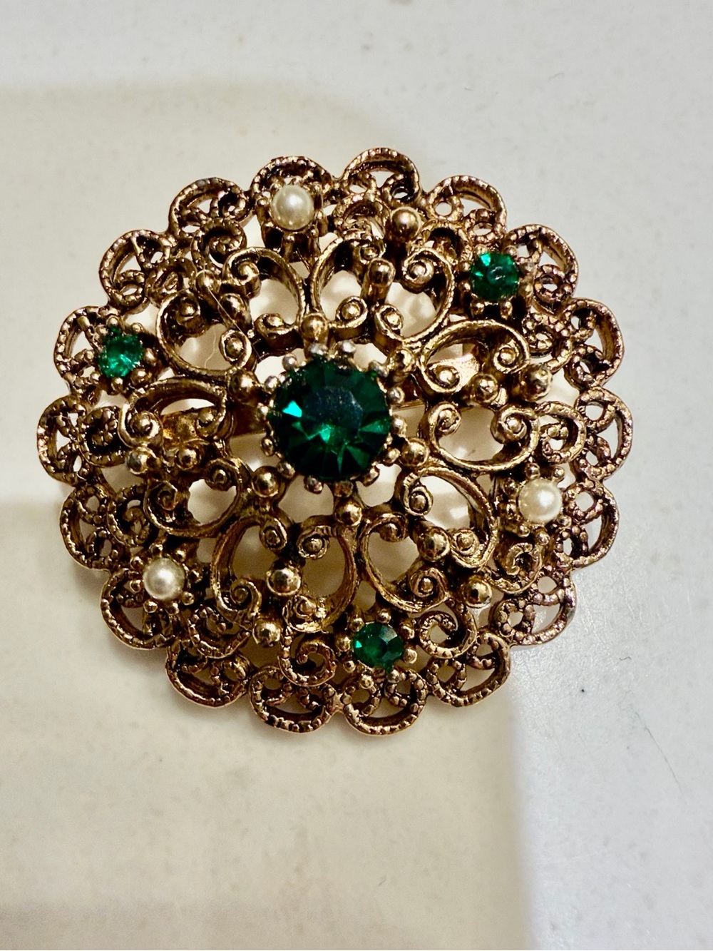 Vintage Signed JJ Filigree Brooch Gold Tone Rhinestone and Faux Pearl 1970s Pin